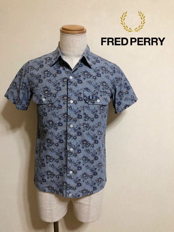 【美品】 FRED PERRY フレッドペリー シャツ トップス サイズM 半袖 ネイビー 花柄 ヒットユニオン F4279 綿100%