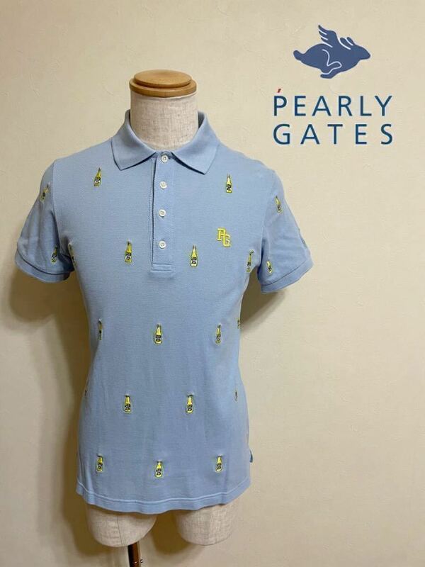 【良品】 PEARLY GATES GOLF パーリーゲイツ ゴルフ ウェア 鹿の子 ポロシャツ トップス サイズ5 半袖 ライトブルー 総柄 053-160597