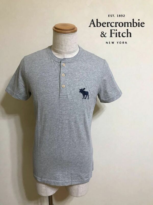 【新品】 Abercrombie & Fitch アバクロンビー&フィッチ ビッグアイコン ヘンリーネック Tシャツ 半袖 サイズS グレー 637368531