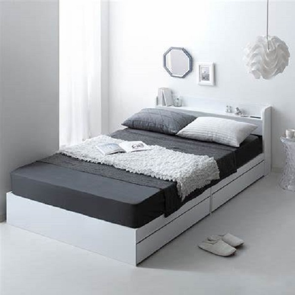 【引き出し付き】凛としたシンプルフォルム 棚・コンセント付き デザイン収納ベッド シングルベッド 実用的 多機能ベッド