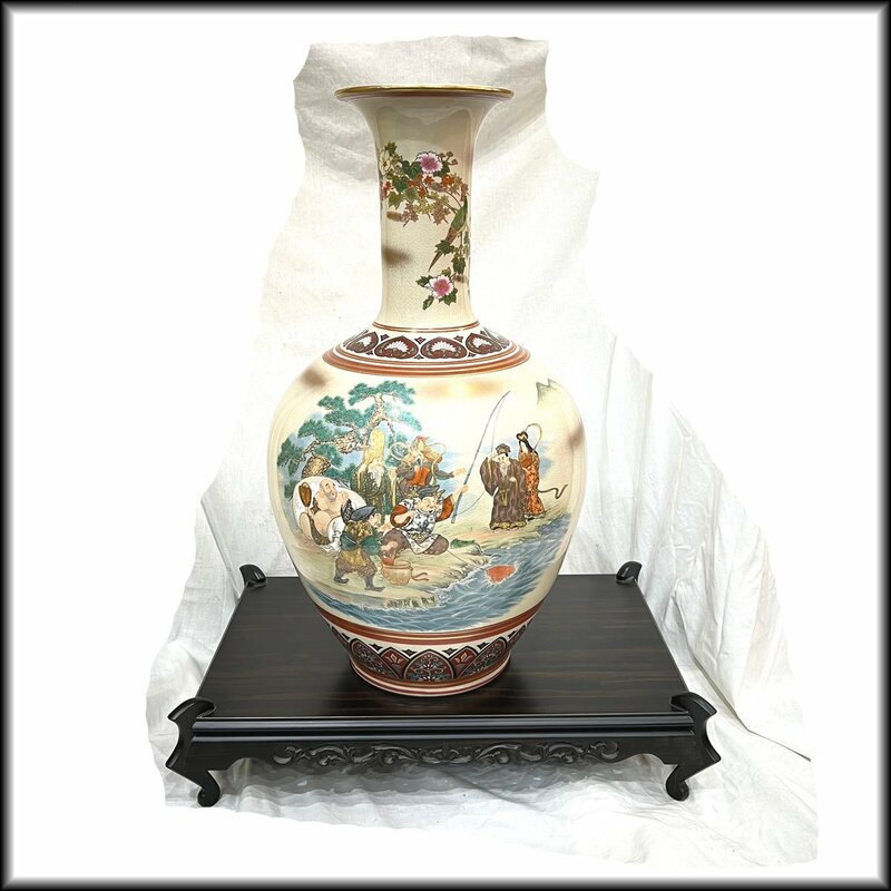 ◆飾り壺◆陶勝作 九谷焼 壺 61cm 飾り オブジェ 台座付き 七福神 中古 札幌