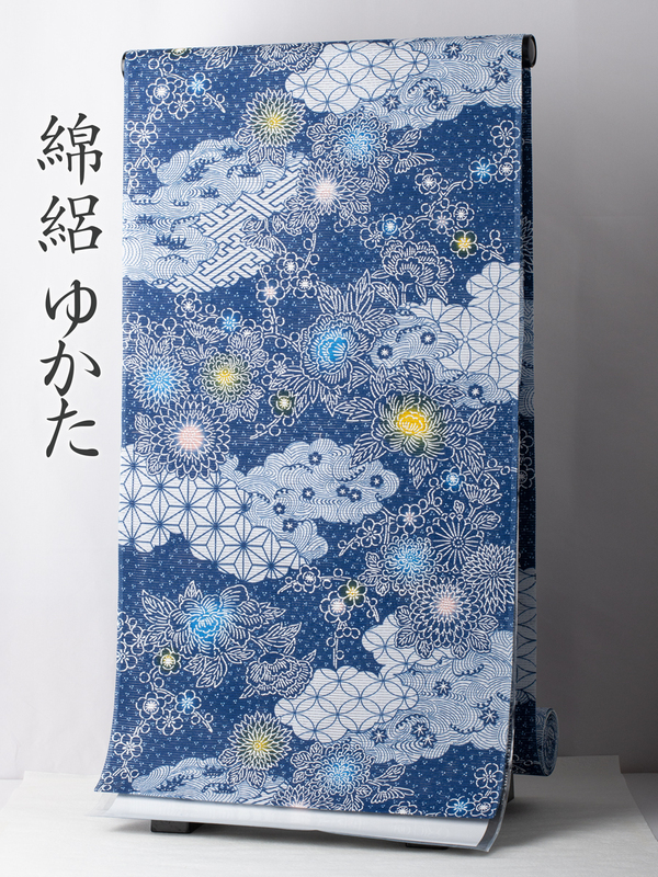 【浴衣反物】NO.3637 （紺色/雲取花柄）安心の日本製 新品【桜七軒】 綿絽 送料込！
