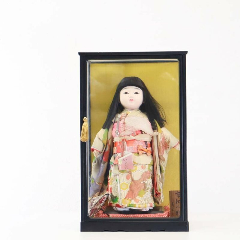 寿翁作 市松人形 いちまさん 鶴紋着物 正絹 ケース入り 日本人形 雛人形 桃の節句★833h21