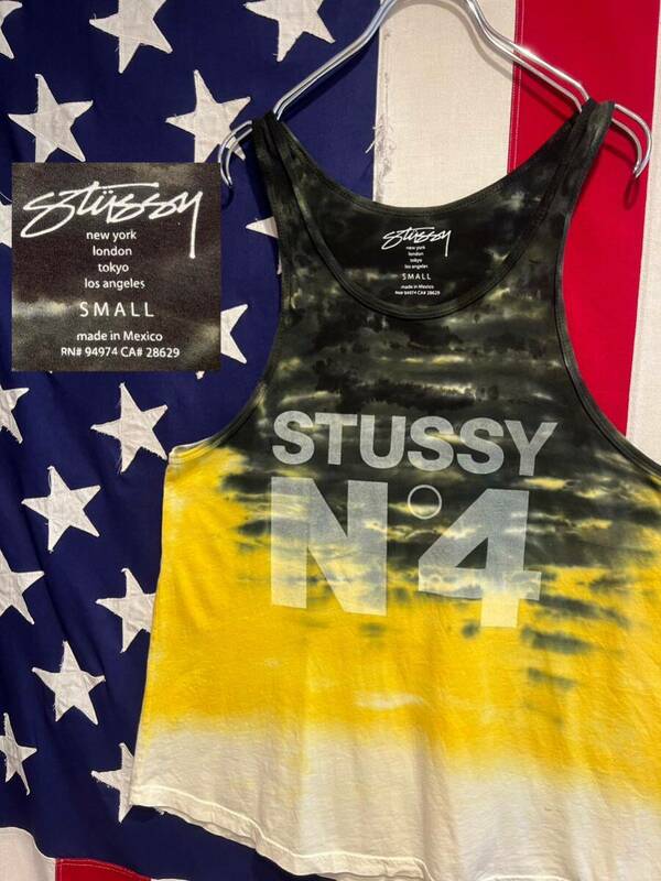 ★STUSSY★ステューシー★N°4★No4★タンクトップ★ノースリーブ★カットソー★トップス★タイダイ染め★イエロー★黄色★Sサイズ★