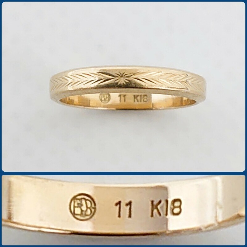 K18 刻印あり 18金 シンプル リング 指輪 重量3.00g 矢羽根文様 彫刻 11号サイズ イエローゴールド 金 K18リング 指輪 アクセサリー 