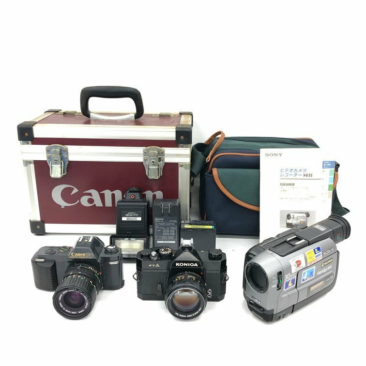 CANON キャノン/KONICA コニカ/SONY ソニー フィルムカメラ・ビデオカメラおまとめ 通電未確認 3点 ケース付き【CEAX1017】