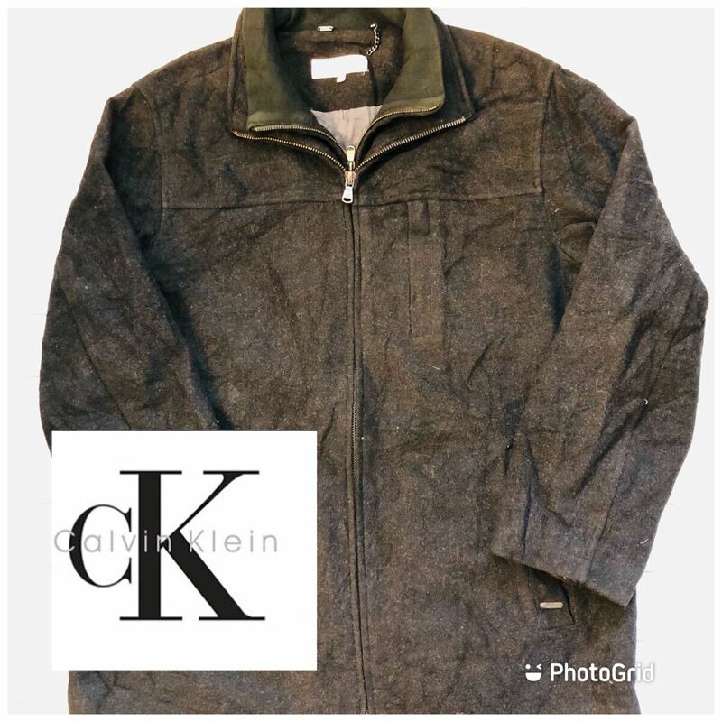 カルバン・クライン　Calvin Klein L フェイクレイヤード　ウールジャケット　ウールブルゾン　チャコールブラック