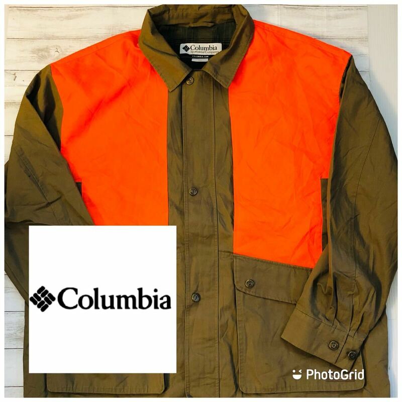 ビッグサイズ　コロンビア　Columbia XS 裏チェック柄　ツートーン　コットン　カバーオール　ワークジャケット　カーキ×蛍光オレンジ