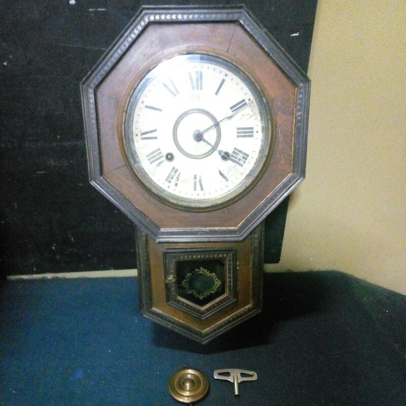 古時計 柱時計 掛時計 振り子時計 ボンボン時計 ゼンマイ式 八角 メーカー不明 約49×31cm 厚さ約11cm レトロ 動作未確認 ジャンク AD-18