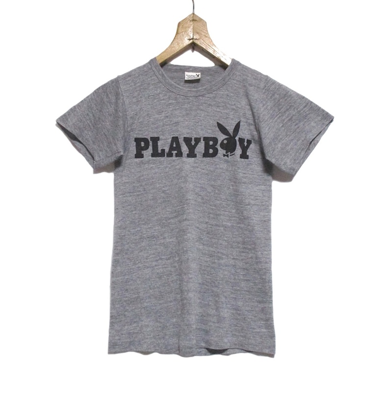 70s 80s Vintage MADE IN USA USED 古着　PLAYBOY プレイボーイ Tシャツ　コットン ポリ レーヨン混　グレー S 34-36 (XS程度) USA製