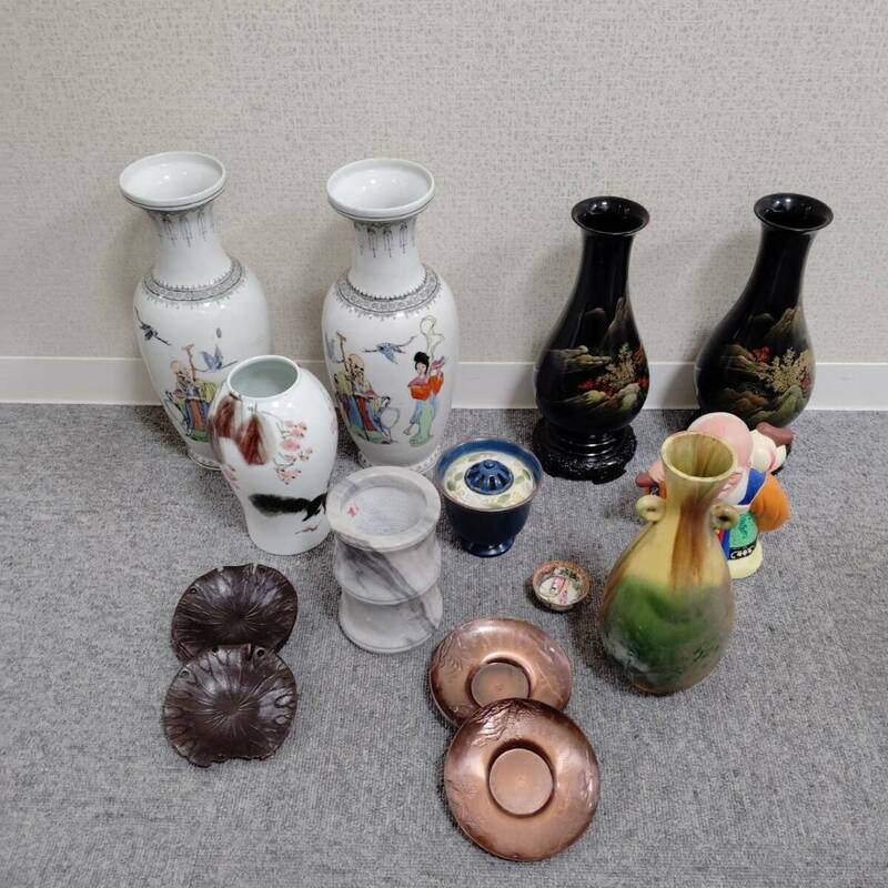 【F-14462】1円スタート 置物おまとめ 花瓶 陶器 アンティーク 中國古玩 陶器人形 純銅皿 古物 古美術品 中古 保管品
