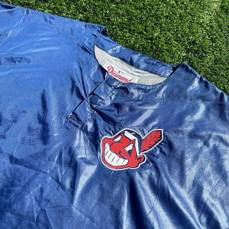 L 極美品 90s MLB オフィシャル スターター インディアンズ ナイロン ウォームアップ プルオーバー シャツ アメリカ 古着 Tシャツ ゆるだぼ