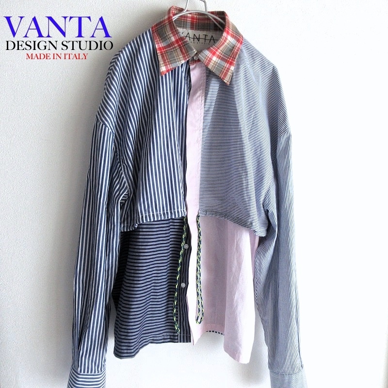 【VANTA DESIGN STUDIO / イタリア】高級 ストライプ 切替 ブロッキングシャツ オーバーサイズ!! （MADE IN ITALY）