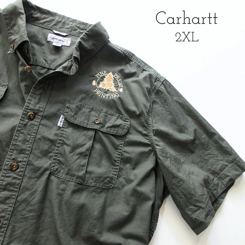 【carhartt カーハート】ビッグサイズ ストレッチ コットンシャツ 2XL オリーブグリーン!!