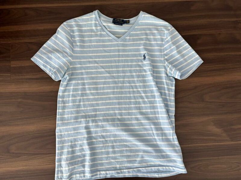 ポロラルフローレン ボーダー Tシャツ SP(S-M) メンズ 水色　Polo Ralph Lauren vネック　半袖　半袖Tシャツ　