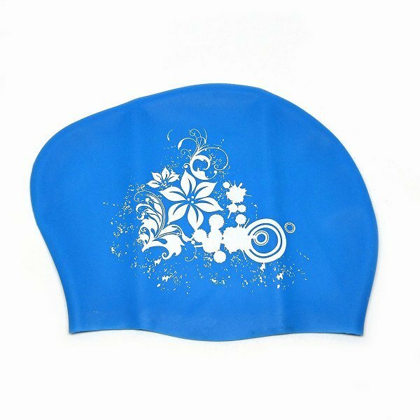 「bjv-a2」 花柄 シリコン スイムキャップ ( ライトブルー ) フラワー スイミングキャップ 水泳帽 ロングヘア 防水 保護