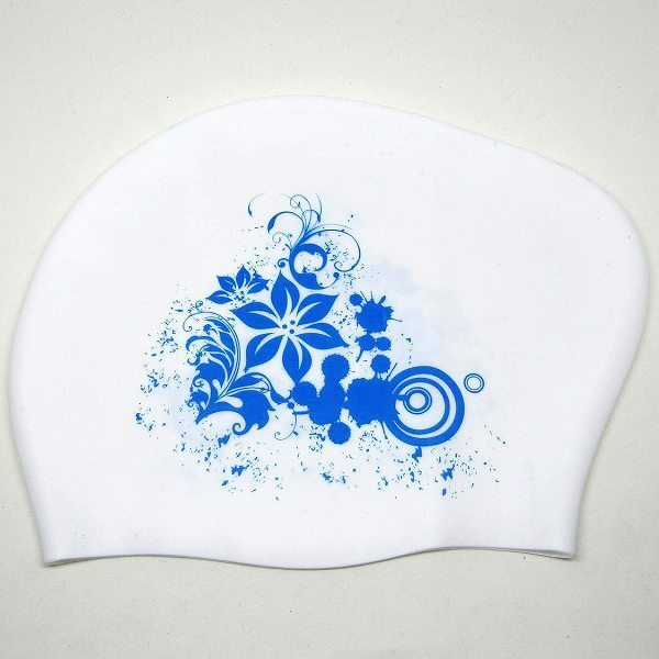 「bjq-a2」 花柄 シリコン スイムキャップ ( ホワイト ) フラワー スイミングキャップ 水泳帽 ロングヘア 防水 保護