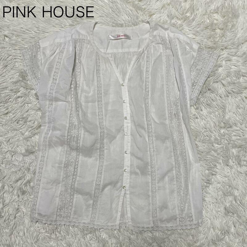 【ピンクハウス　PINKHOUSE】半袖 シャツ ブラウス 白 レース リボン コットン100　洗える 洗濯可能