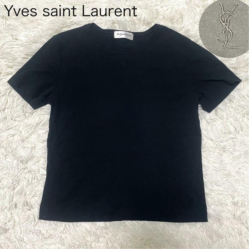 【美品】イヴサンローラン Yves saint Laurent　半袖 Tシャツ 黒 ロゴ刺繍 M コットン100