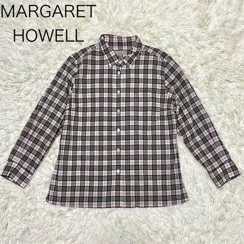 【美品】マーガレットハウエル MARGARET HOWELL　長袖シャツ チェック Ⅱ Mサイズ　白 綿100 洗える