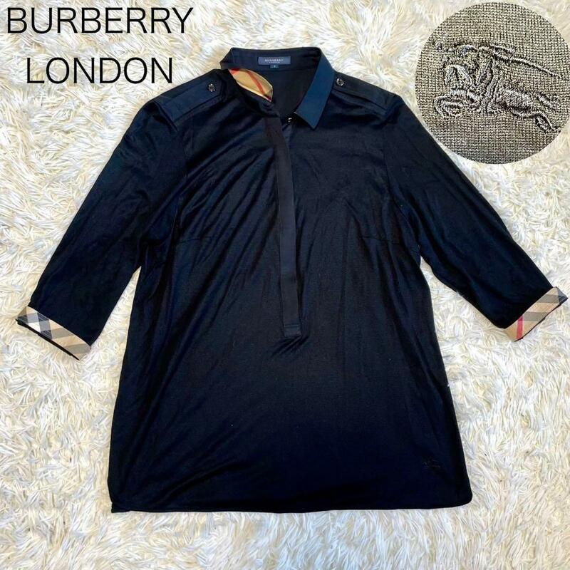 【バーバリーロンドン　BURBERRY LONDON】七分袖 ブラウス 黒 ノバチェック ホースロゴ サイズ5 XL　三陽商会
