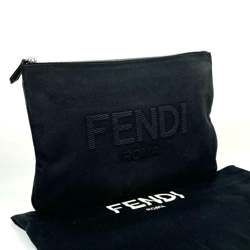 希少■FENDI フェンディ キャンバス クラッチバッグ 刺繍ロゴ ブラック 保存袋付属 セカンドバッグ ミニバッグ ユニセックス エンボスロゴ