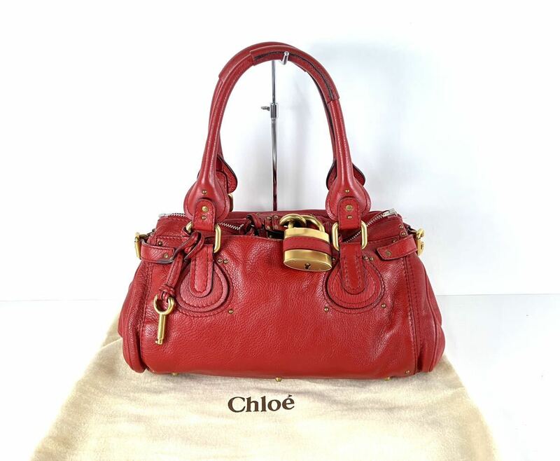 【SR317】 Chloe クロエ パディントン ハンドバック 手持ちカバン ゴールド金具 赤 レッド カデナ パドロック バック 鍵 袋付き