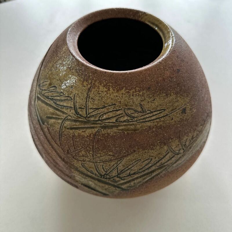 EM) 陶器 在銘 花瓶 花器 壺 花入れ 直径約24cm×高さ20cm 口径約9cm 茶色 共箱無
