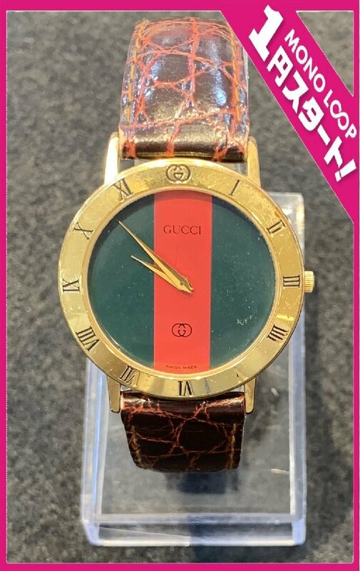 【5YGシャ05014D】★GUCCI★グッチ★クォーツ★3001M★純正ベルト★シェリー★グリーン★レッド★メンズ★可動★革ベルト★ベルト劣化