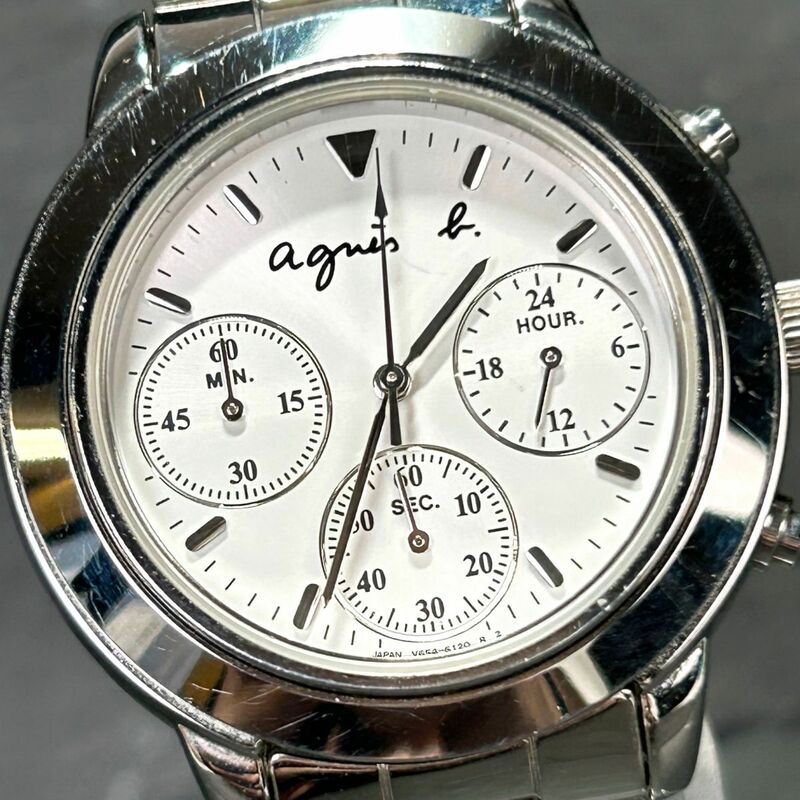 美品 Agnes b. アニエスベー V654-6100 腕時計 クオーツ アナログ クロノグラフ ホワイト文字盤 ステンレススチール 新品電池交換済み
