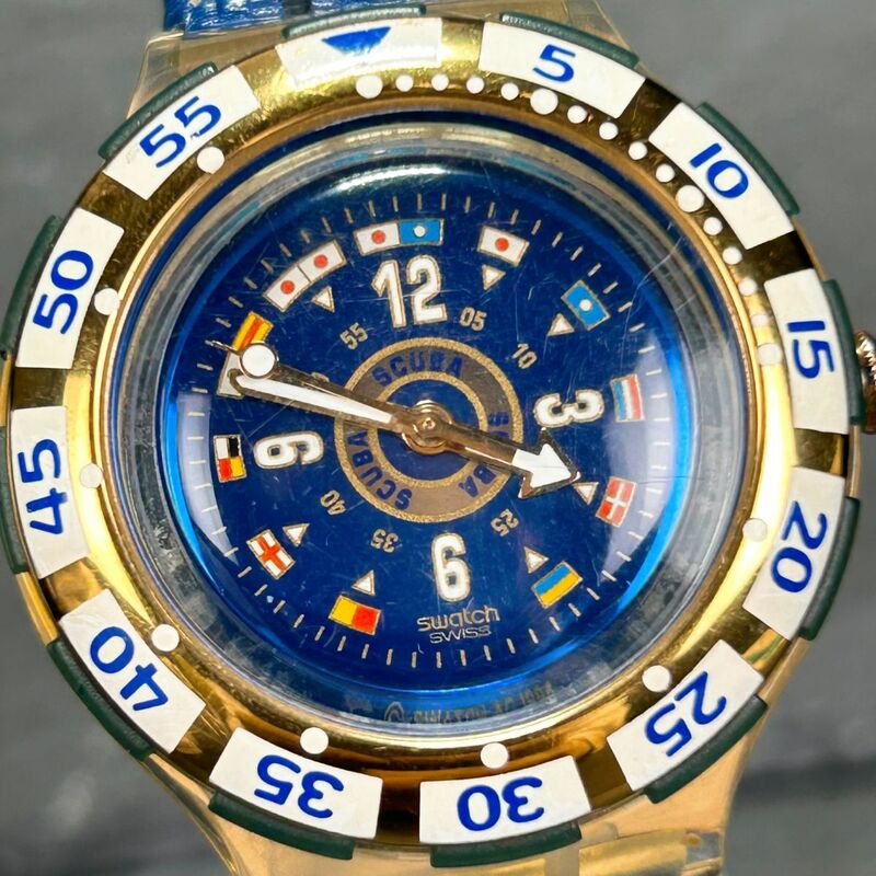 SWATCH スウォッチ SCUBA200 スキューバ AG1994 腕時計 クオーツ アナログ スケルトン 回転ベゼル レザーベルト ゴールド ブルー文字盤