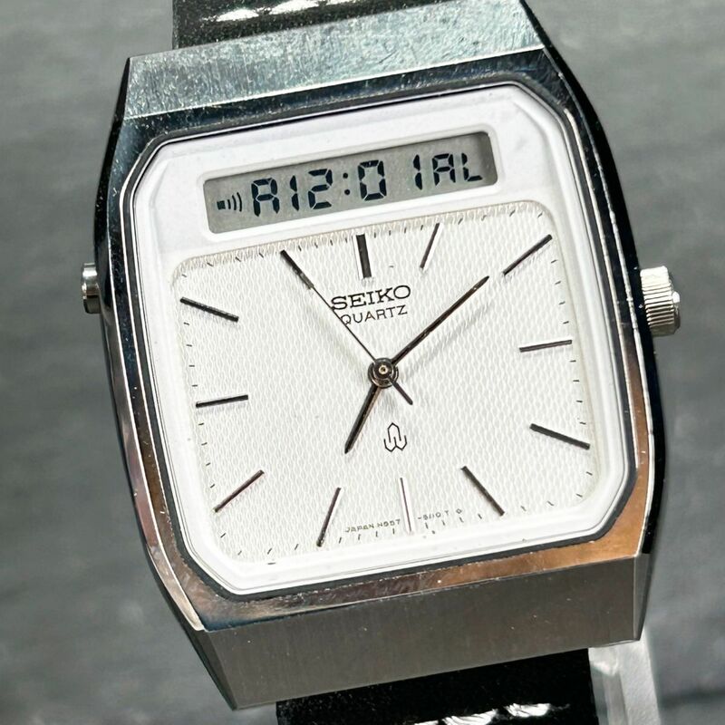 SEIKO セイコー ハイブリッド H557-5100 腕時計 クオーツ アナデジ ステンレススチール ホワイト文字盤 シルバー レザーベルト 電池交換済