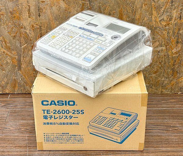 未使用品!! CASIO カシオ 電子レジスター TE-2600-25S ネットレジ キャッシュボックス付 小型ドロアタイプ レジロール2個