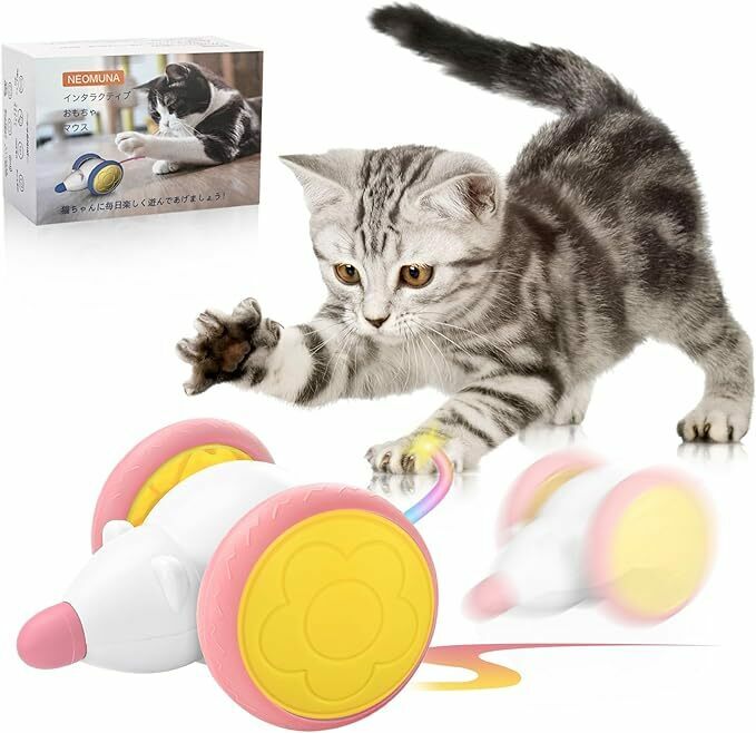NEOMUNA 猫 おもちゃ 電動ネズミ 自動 猫の運動不足やストレスを解消 ネズミの鳴き声 音付 LEDライト付しっぽ USB充