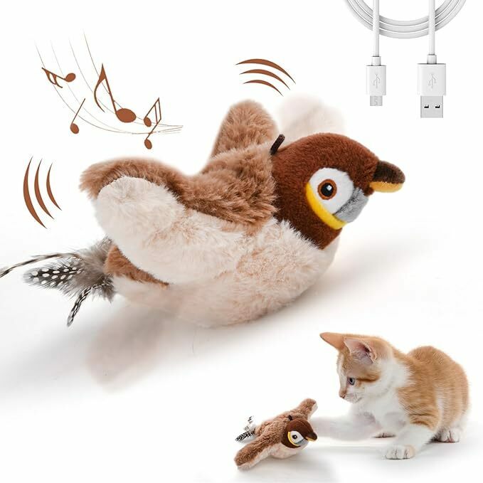 LIFLIX 猫 電動おもちゃ ぬいぐるみ玩具 羽ばたき鳥 リアルな鳥鳴き声 タッチ起動 またたび入り USB充電式（茶色）