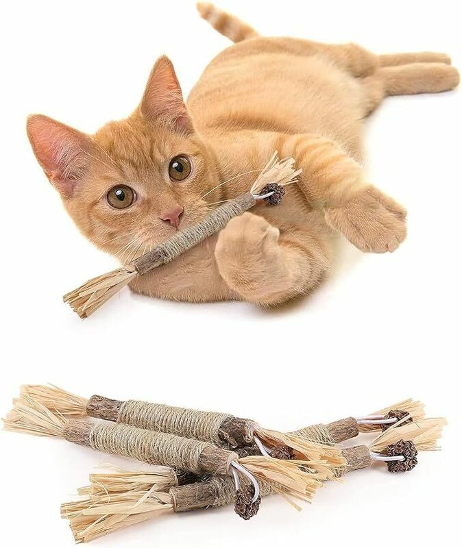 PAKESI 猫 噛むおもちゃ 歯磨き 歯ぎしり棒 またたび 天然木 麻縄 4本入り 天然安全 噛むスティック 歯のクリーニング