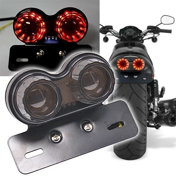 LED ツインテールランプ ブラック ウインカー ブレーキ スモール ナンバー灯 バイク 汎用 一体型 丸型 ステー付き