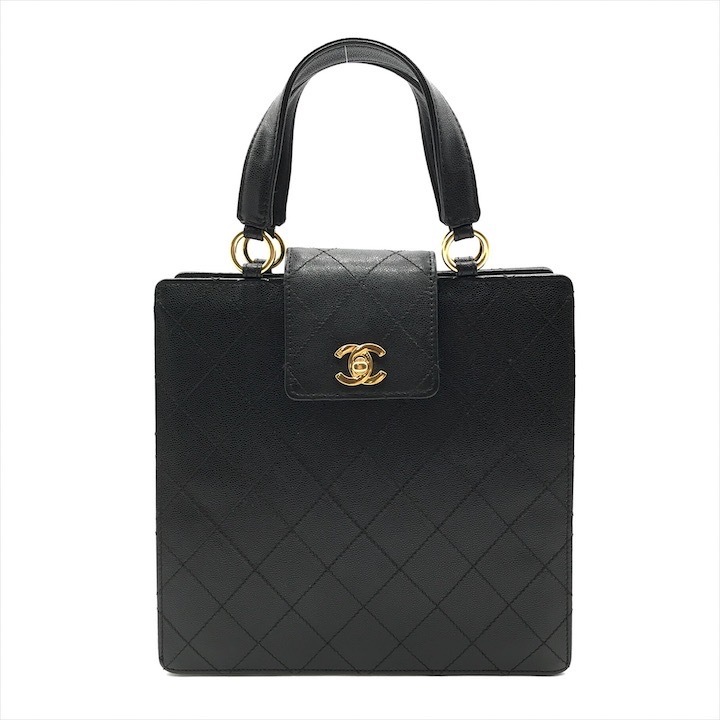 美品 CHANEL シャネル キャビアスキン ココマーク ターンロック ハンド トート バッグ ブラック k1584