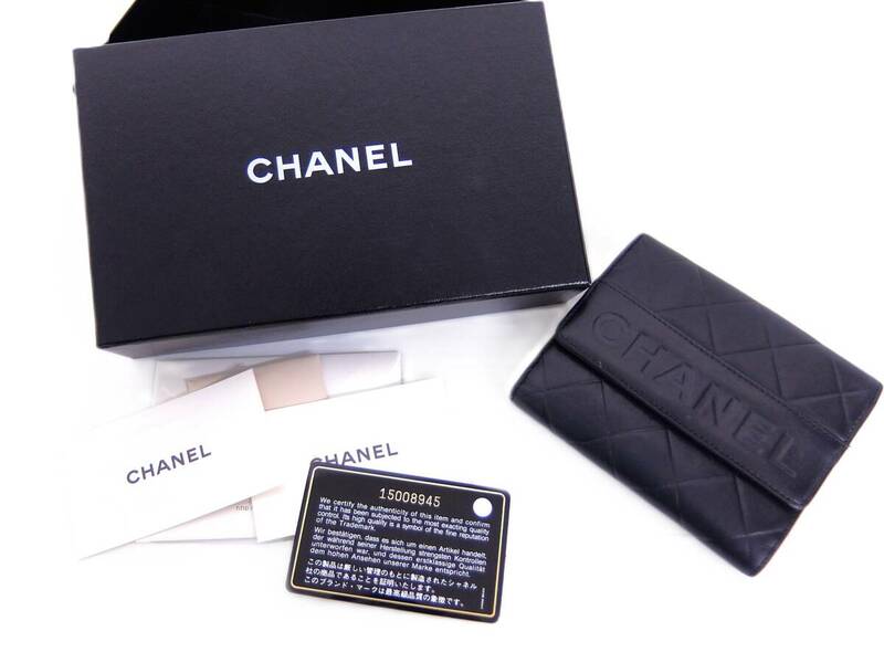 箱ギャラ シール付き CHANEL シャネル マトラッセ ロゴ ラムスキン 二つ折り財布 ウォレット ブラック レディース メンズ