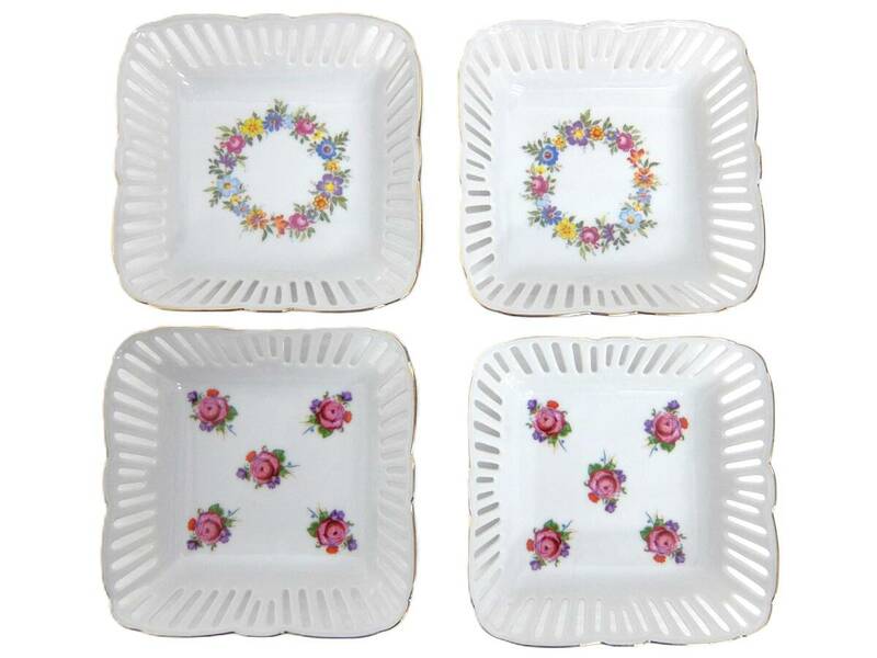 送料無料 ４枚 ドイツ製 REUTTER PORZELLAN ロイターポーセリン 小皿 透かし 花柄 フラワー 洋食器 菓子皿 ホワイト ピンク