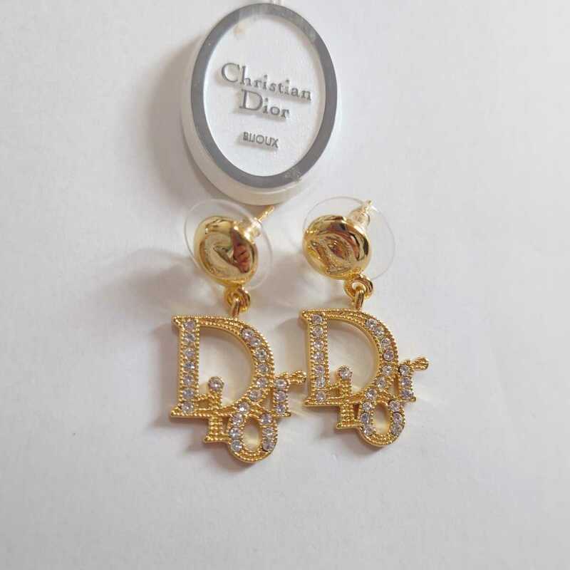 Christian Dior　クリスチャン・ディオール　ピアス　ラインストーン　ゴールド色　美品　ほぼ未使用