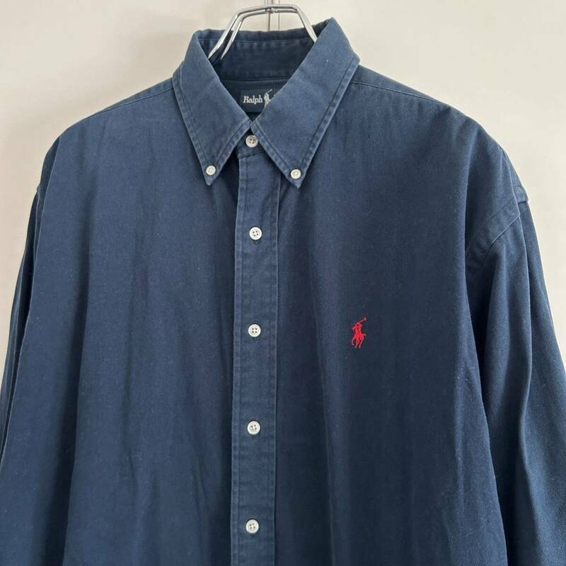 90s Ralph Lauren ラルフローレン BLAKE ボタンダウンシャツ チノシャツ L ワンポイント ポニー刺繍 ネイビー 古着 大きめ
