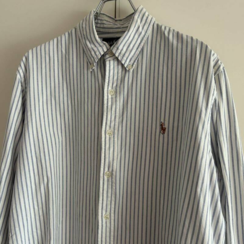 90s Ralph Lauren ラルフローレン CUSTOM FIT オックスフォード ボタンダウンシャツ L ストライプ ワンポイント ポニー刺繍 大きめ