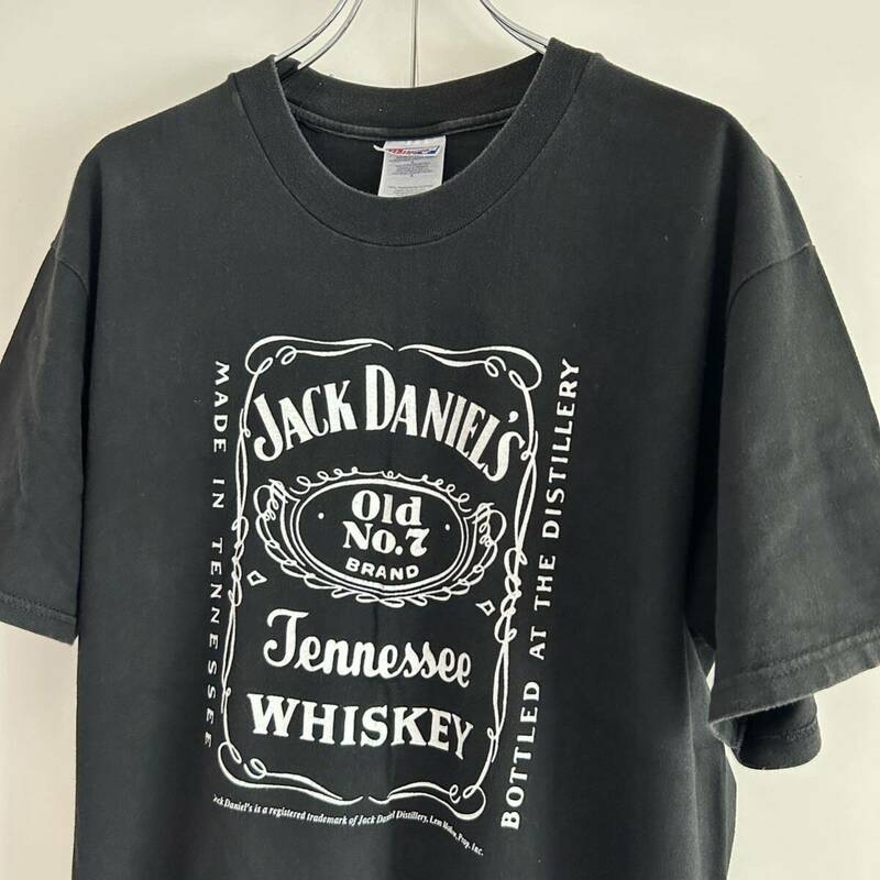 90s y2k JACK DANIEL'S ジャックダニエル MEXICO製 ロゴTシャツ L 袖裾ダブル 企業もの アート ブラック 古着 アーカイブ