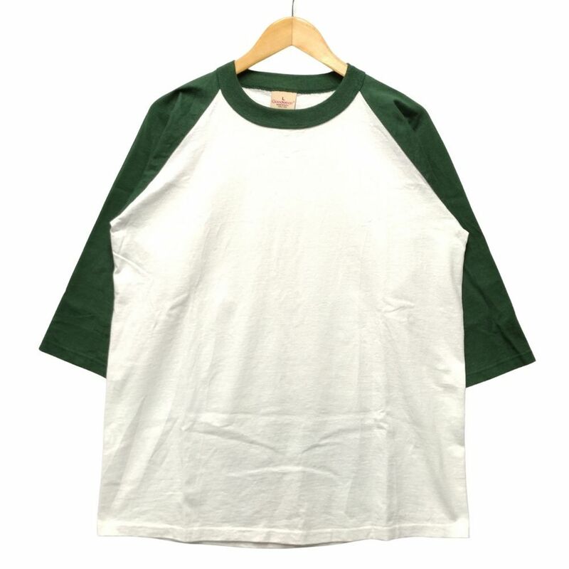 Good Wear グッドウェア ラグラン カットソー USA製 5分袖 半袖Ｔシャツ コットン 白 グリーン L 正規品 / B5260