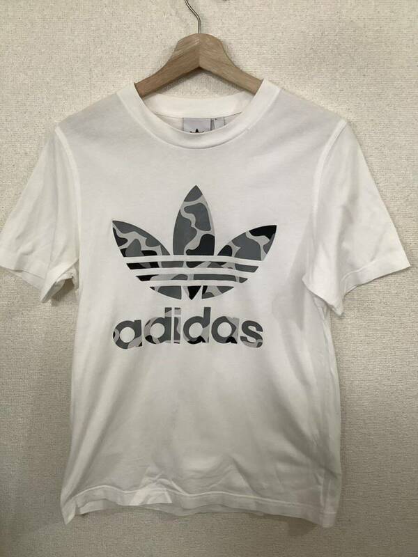 adidas アディダス　ラバープリント　カモフラージュ　トレフォイル 半袖Tシャツ　スポーツ　ホワイト　ロゴTシャツ S