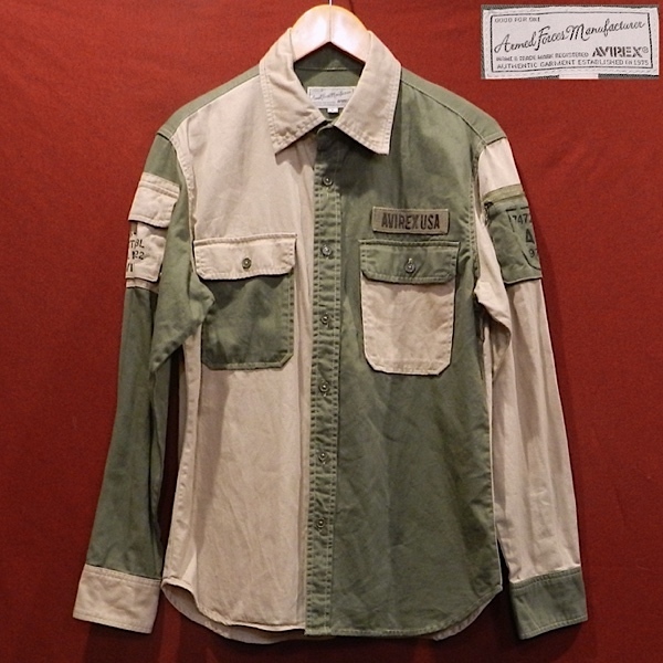 アヴィレックス 25周年 U.S.ARMY クレイジーパターン マルチカラー 長袖シャツ ミリタリー シャツ デザインシャツ カーキ ベージュ L 美品