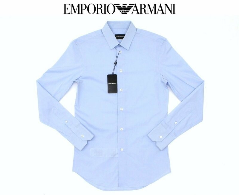 5万新品◆38◆EMPORIOアルマーニ 水色ストレッチコットンシャツ 1円