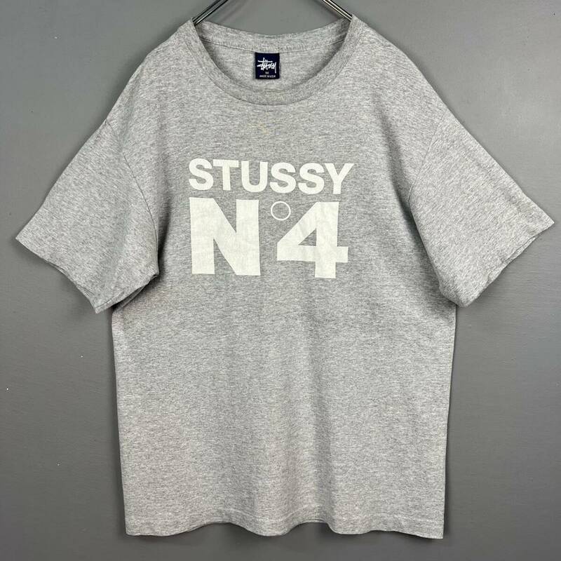 Wm869 USA製 90s VINTAGE 紺タグ STUSSY オールド ステューシー 半袖 Tシャツ ロゴT N4 袖裾シングル 灰 メンズ