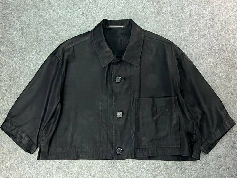 Wm578 日本製 Y's ワイズ ヨウジヤマモト ショート丈 ジャケット 短丈 半袖 シャツ ブラウス 水玉 ドット柄 黒 リネン混 レディース 1